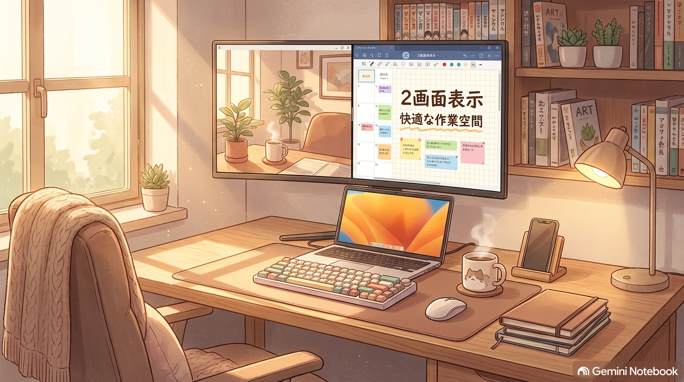 27インチ4KモニターとノートPCを組み合わせた執筆城のデスク環境